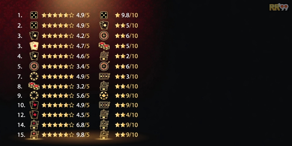 Hình ảnh top 15 casino rr99 xếp hạng uy tín với biểu đồ đánh giá và logo nền tảng hàng đầu năm 2025.