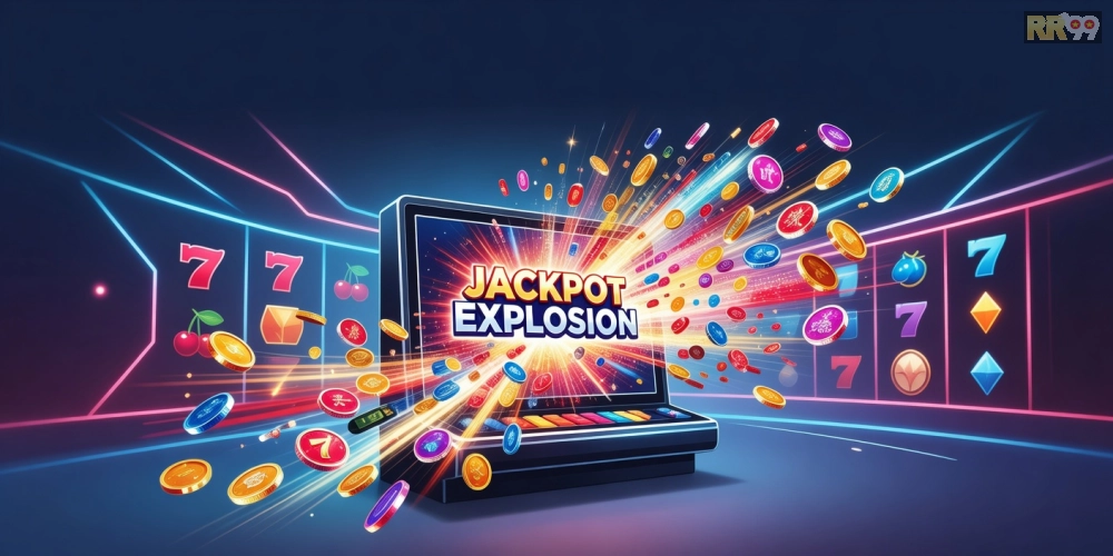 Minh họa khái niệm nổ hũ đổi thưởng rr99 với jackpot hấp dẫn và giao diện game hiện đại